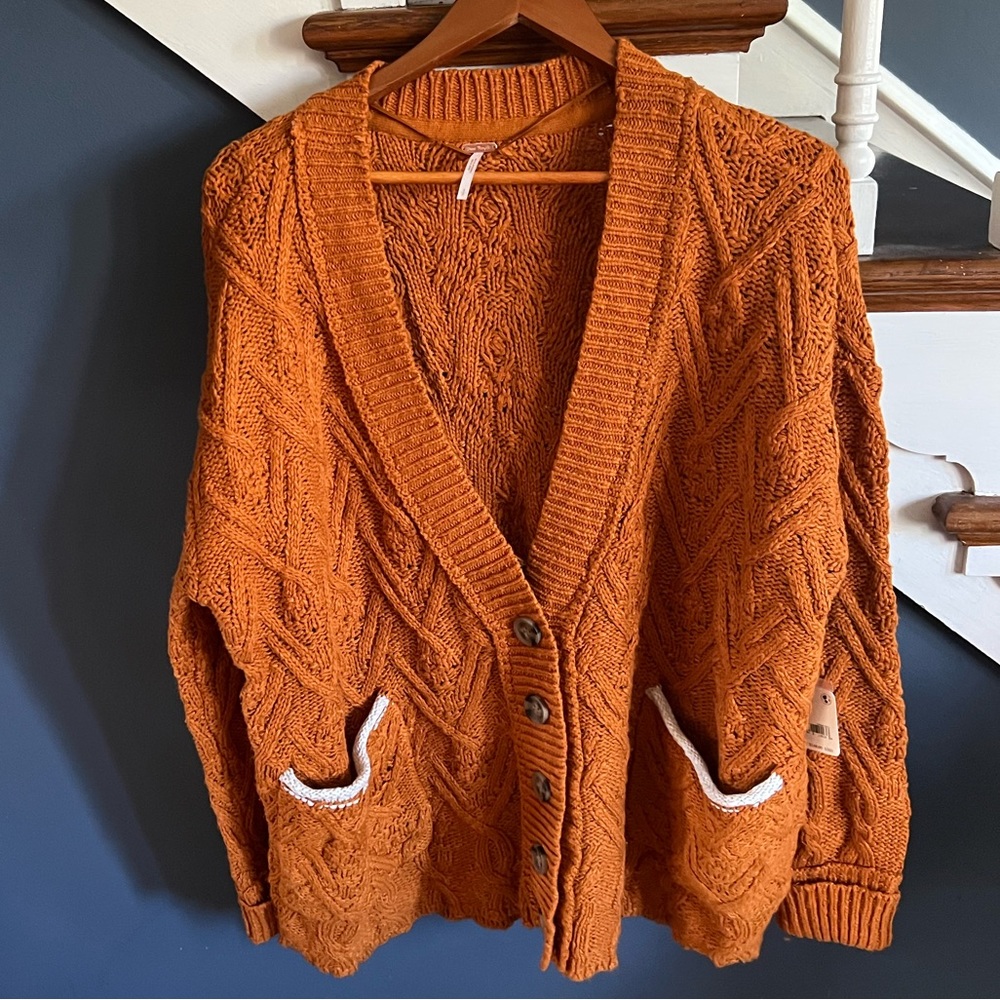 Free People Montana Cable Cardi Pumpkin Pie Sz M NEW